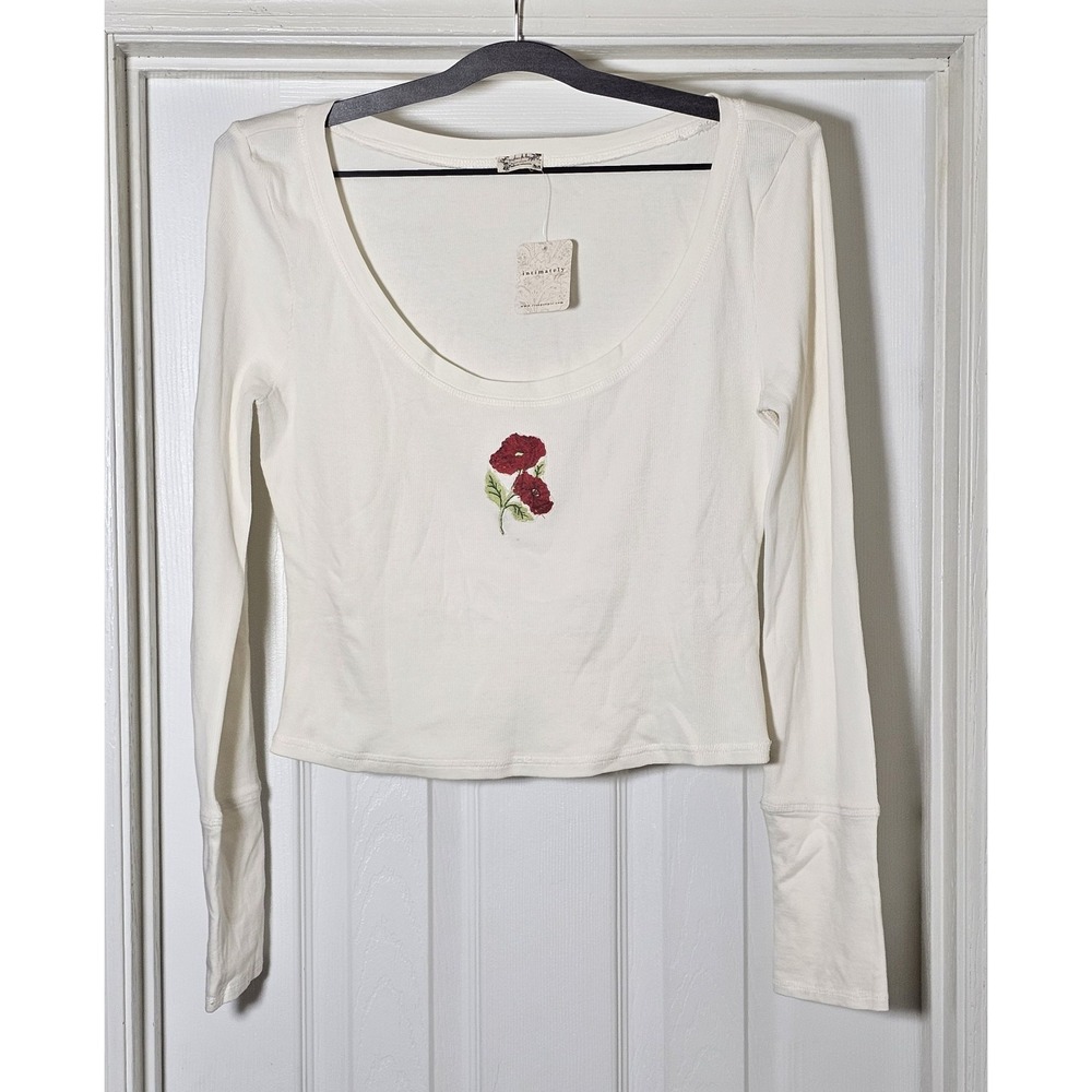 NEW Free People At The Park Long Sleeve Size Large Cropped‎ Cotton T-Shirt Poppy